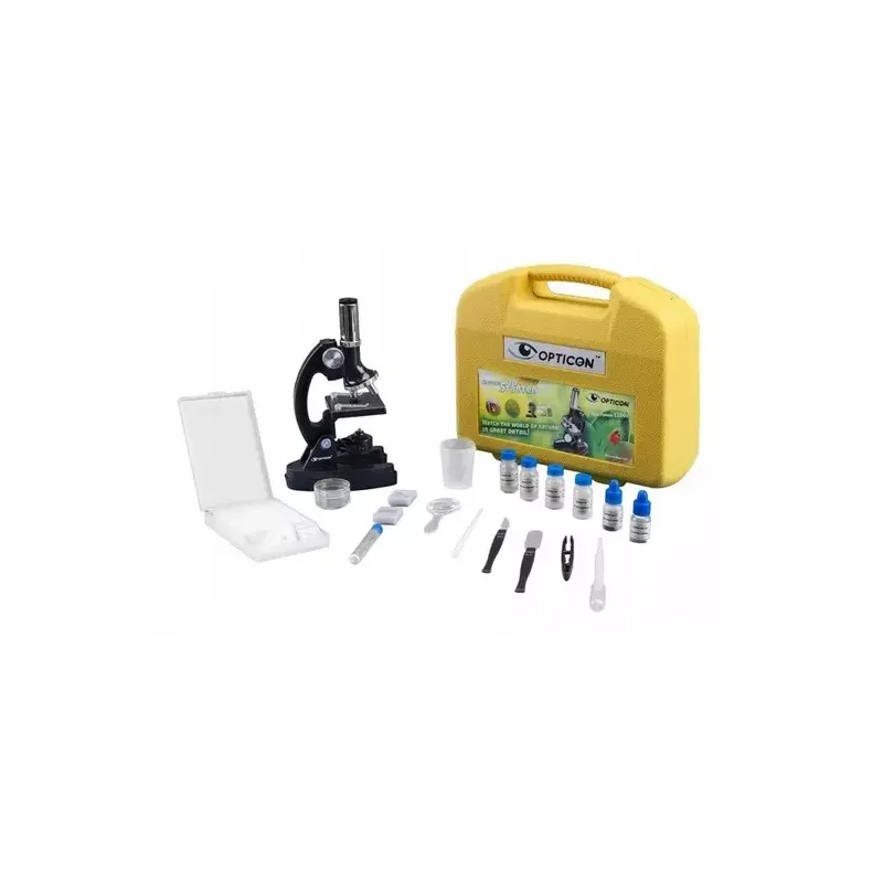 Mikroskopas su pilnu įrankių ir lęšių komplektu lagaminėlyje